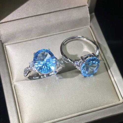 Real Natural Aquamarine Ring Oval 10x12mm 925 Silver Wedding Ring White Gold Plated for Christmas Gift Adjustable Rings Size