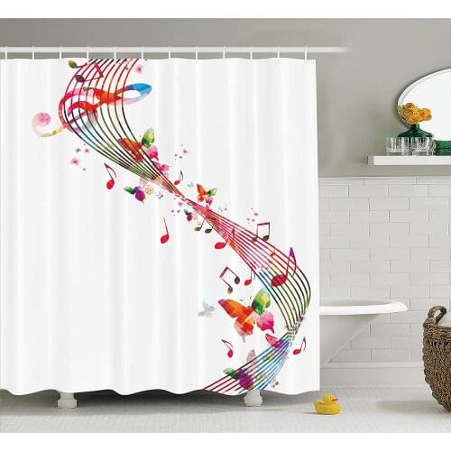 Music Decor Shower Curtain Colorful Artwork with Music Notes Butterflies Springtime Party Decorative Bathroom Accessories