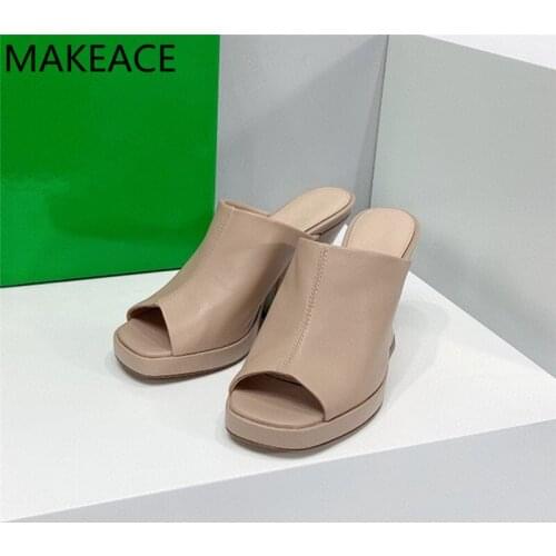 Thick Sole Chunky Heels Slippers Women Peep Toe Summer Mules Women Hoof Heel Runway Shoes Woman Slides Platform Slippers Woman