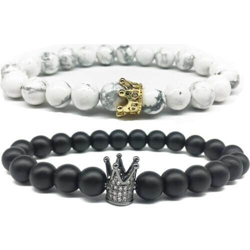 New Design Couple Bracelets Handmade Distance Black Matte&White Cz Crown King Beads Stone Bracelet Lovers