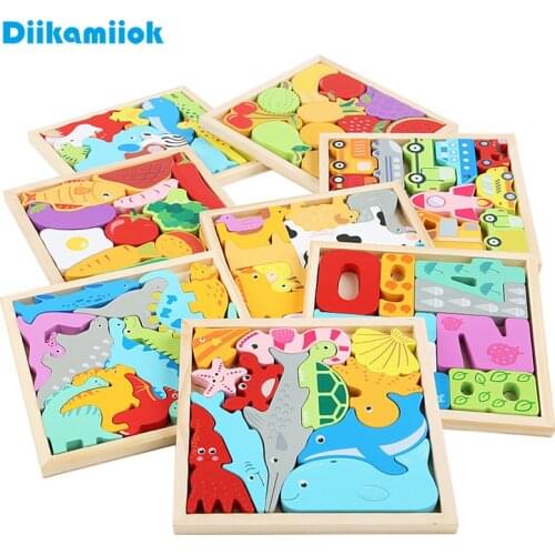 Hot Cartoon Animal 3D Jigsaw Puzzle Wood Toys for Children Baby Hand Grasp Board Fruit and Vegetable Vehicle Wooden Puzzles Toy