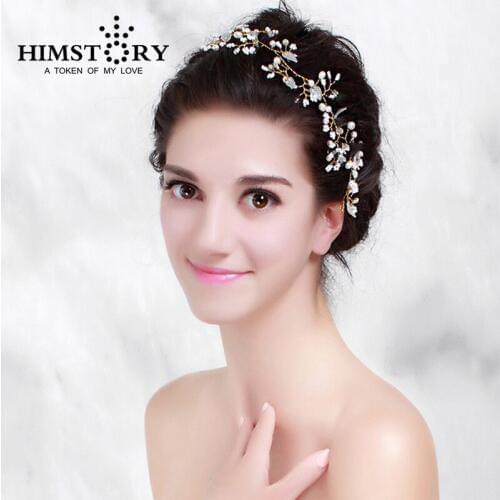HIMSTORY Handmade Bride Golden Crystal Pearl Flower Hairband Wedding Hair Accessories Luxury Tiara Bridal Headband