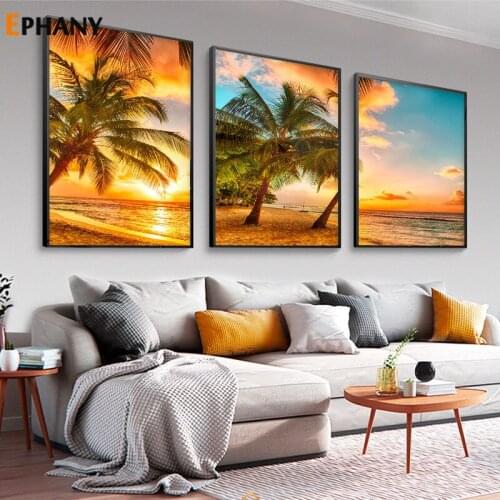Natural Sunsets Sea Beach Panorama Landscape Canvas Painting Tropical Tree Print Poster Scandinavian Wall Art Picture Home Decor