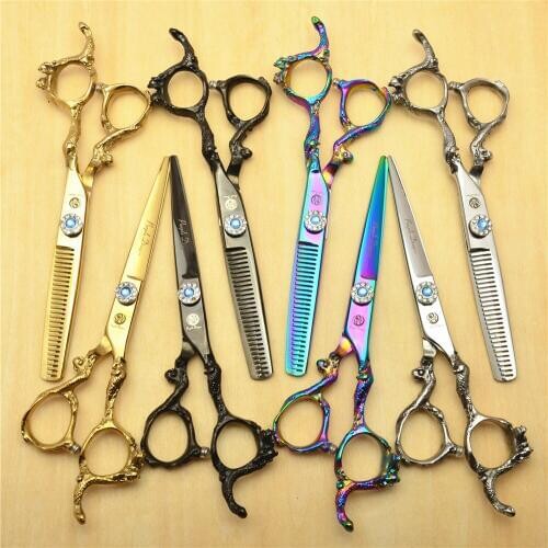 2Pcs 6 Inch JAPAN 440C Professional Human Hair Scissors Hairdressing Shears Cutting Shears Thinning Scissors Dragon Handle Z9003