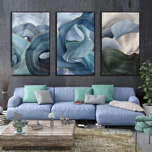 Blue Gray Gilt Lines Abstract Luxury Minimalist Fade-Resistant Fashion Modern Home Canvas HD Printing Decoration No Frame Poster