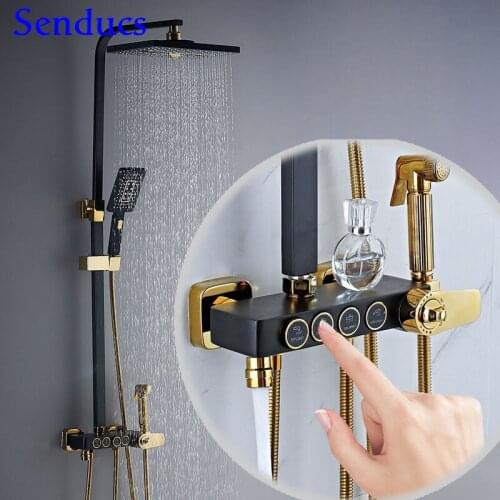 Home Renovation Smart Bathroom Faucet Four Functions Wall Mounted Matte Black Gold Thermostatic Hot Cold Bathroom Shower Set