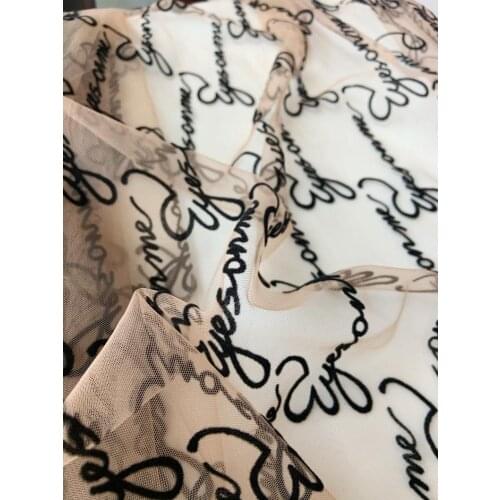 1 yard Embroidered Tulle Mesh Lace Fabric With Velvet Words Stretchy Nude Tan Tulle Lace Fabric With Script Eyes On Me