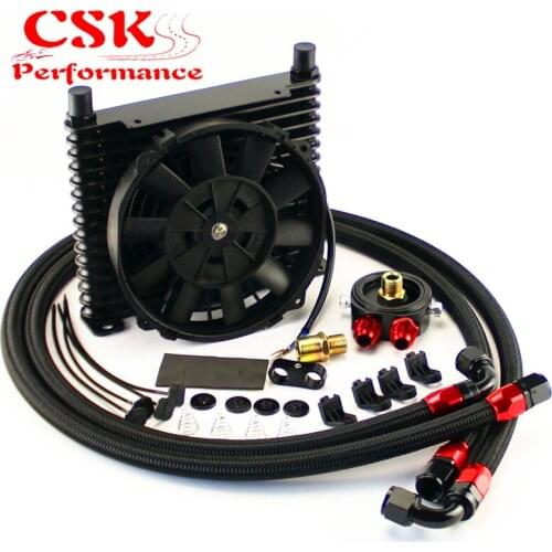 Universal 15 Row AN10 32mm Oil Cooler Kit +7" Electric Fan For track / race car Black