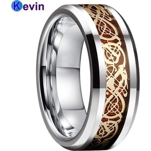 Tungsten Wedding Ring For Men Women With Wood And Gold Dragon Inlay Width 8MM Comfort Fit