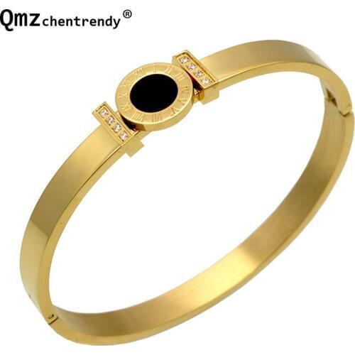 Top Quality Women Stainless Steel Romantic Bling Iced Out Bangle Bracelet Girls Black Shell Round Charm Fine Net Bangles Jewelry