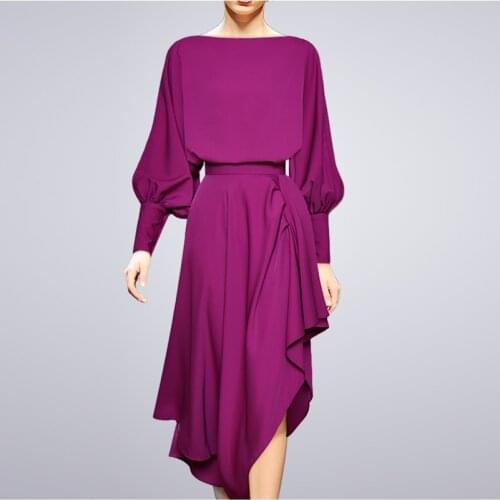 Qian Han Zi 2021 new designer runway fashion women two-piece set Lantern sleeve loose top and Pleat Asymmetrical long skirt Suit