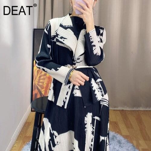 DEAT Woman Pleated Coat Ink Painting Hit Color Long Sleeve Cardigan Loose Oversized Jacket Casual Style 2021 New Summer 15XF503