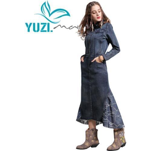 Dress Female 2018 Yuzi.may Boho New Denim Women Dresses Turn-down Collar Vintage Denim Patchwork Mermaid Long Vestidos A82132