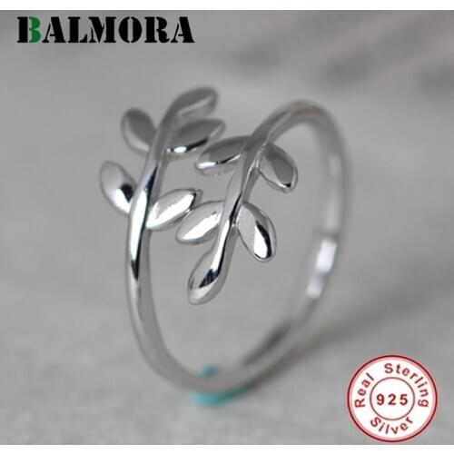 BALMORA 100% Pure 925 Sterling Silver Leaf Ring For Women Fashion Vintage Open Adjustable Ring Stackable Ring Daily Jewelry Gift