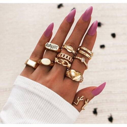10 Pcs/Set Fashion Gold Love Heart Letter Babygirl Rings Set Punk Geometric Chunky Rings for Women Party Jewelry Accessories