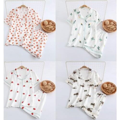 2021 Japanese Short-sleeved Shorts Ladies Pure Cotton Double Layer Gauze Pajamas Suit Cute Simple Comfortable Pajamas Suit Women
