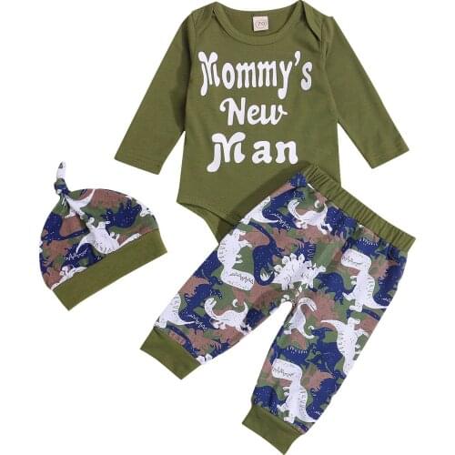 3Pcs Baby Boys Clothes Cotton Outfit Long Sleeve Round Collar Letter Romper + Cartoon Dinosaur Printing Long Trousers + Cap