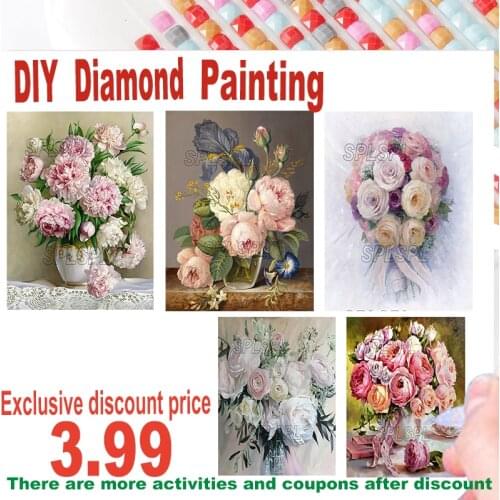 5D Diy Diamond Painting Flowers Arrangement Flower Vace Round Diamond Full Diamond Cross Stitch Mosaic Custom Home Decora