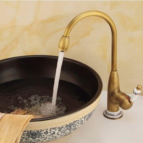 Antique Kitchen Faucet Copper Swivel Spout Sink Water Tap Deck Mounted Cold And Hot Mixer Tap Crane Single Handle Vanity Faucet