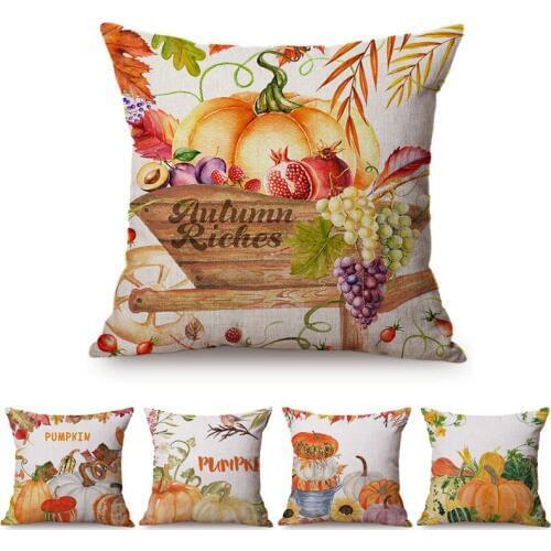 Watercolor Fall Farm Harvest Yellow Pumpkin Leaf Home Decoration Throw Pillow Case Thanksgiving Decorative Gift Cushion Cover