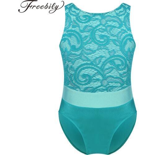 Kids Girls Gymnastics Leotard Dance Wear Sleeveless Lace Color Block Ballerina Leotards for Girls Ballet Dance Costume Jumpsuit
