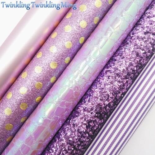 PURPLE Glitter Fabric, Stripes Dots Faux Leather Fabric, Synthetic Leather Fabric Sheets For Bow A4 8"x11" Twinkling Ming XM349