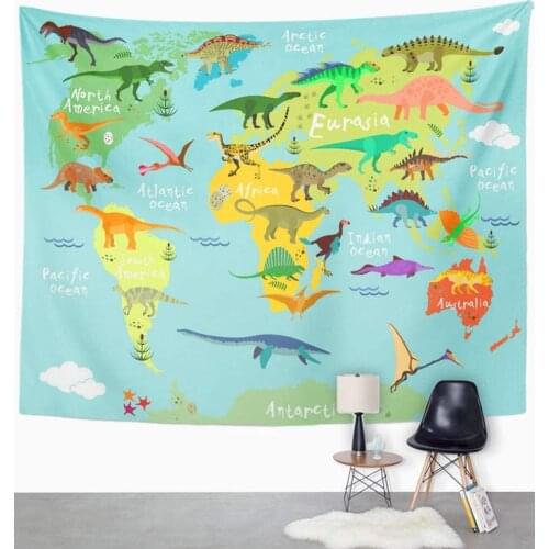 Dinosaur Map Tapestry for Kids Animal Landmarks World Map Wall Hanging