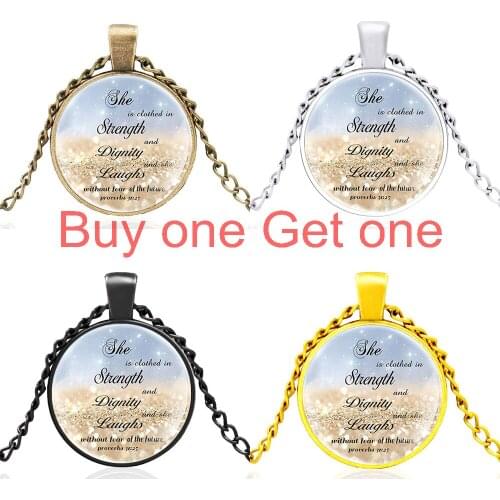 Classic Bible Verse Proverbs She Is Clothed in Strength and Dignity Quotes Glass Dome Charm Pendant Necklace Men Women Jewelry