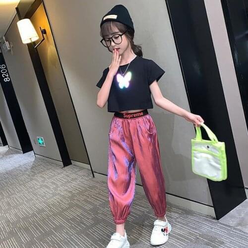 Summer 2020 Girls Clothing Sets butterfly print T-shirt + Ice silk Pants Suits Children Baby Girl Clothes 5 6 8 9 10 12 Years