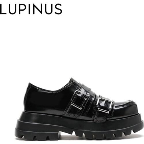LUPINUS Platform Double Belt Buckle Women Loafers 2021 New Punk Style Women Flat Shoe Chunky Heel Round Toe Women Leather Shoe