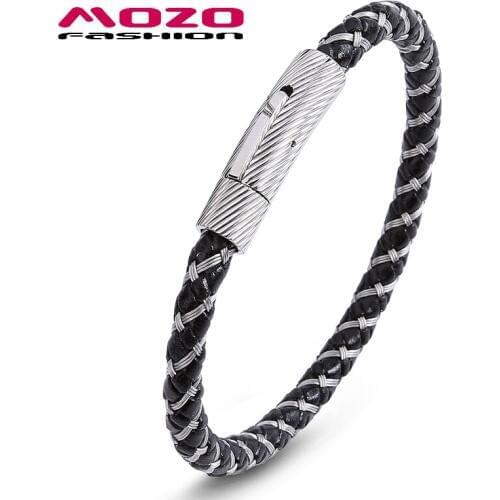 MOZO FASHION Man Charm Bracelets Steel Wire Leather Rope Mixed Braided Bracelet Simple Style Punk Rock Men Casual Jewelry PS1005