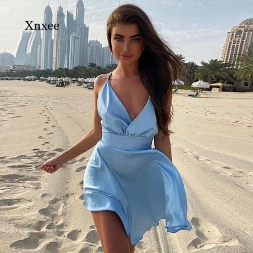 Sexy Silk Women Spaghetti Strap Mini Dress a Line E-Girl Sexy Deep V Neck Lace Up Zipper Bodycon Black Party Club Y2K Clothing