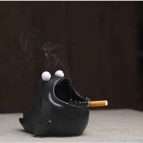 Piranha Big Mouth Fish Ashtray Black Pottery Ceramic Windproof Personality Gift Desktop Home Decoration Flower Pot