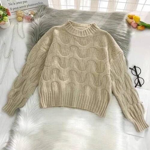 Half-high collar long-sleeved pullover knit top womens autumn and winter clothing 2021 new loose short puff sleeve sweater