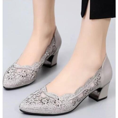 Miaoguan 2021 Summer Fashion Hollow Out Genuine Leather Pumps Women Shoes Med Heels Square Heel Mesh Ladies Office Shoes Crystal