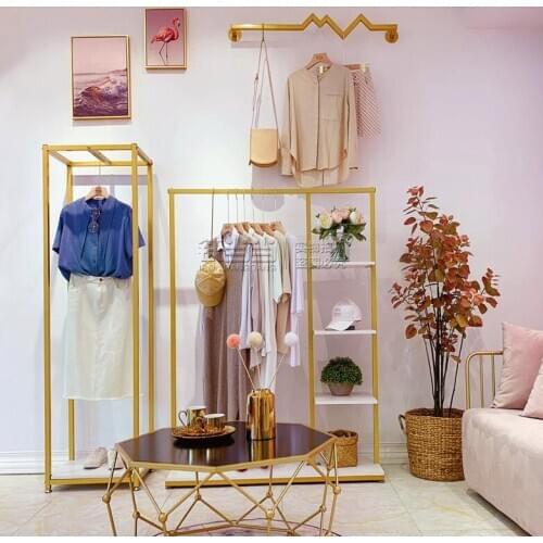 Clothing rack floor type display rack simple side shelf shop display shelf gold womens clothes rack
