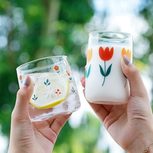 South Korea Ins Hand-painted Tulip Flower Glass Cup Household Heat-resistant Drinking Cup Big Belly Mousse Cup Christmas Gifts