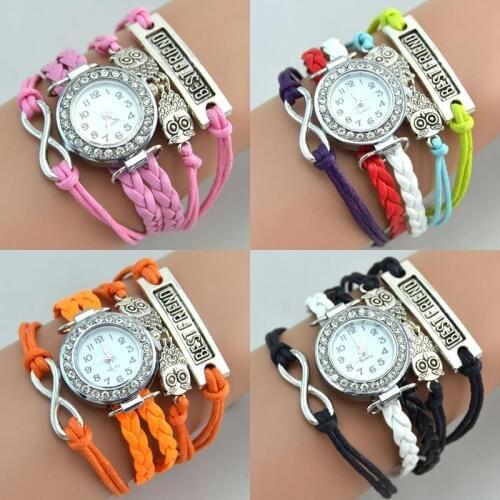 Women Fashion Girls Knitting Faux Leather Band Eight Owl infinity bestfriend Lady Bracelet Watch
