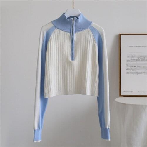 2020 Autumn Sweater And Stand Collar Long Sleeve Knitted Women Cropped Top Color Patch Pullovers Pull Femme