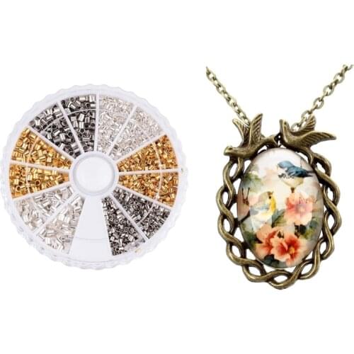 Women Girl Flower Bird Print Ellipse Pendant Lobster Clasp Necklace with 3 Colors Copper Tube Crimp End Beads Kit