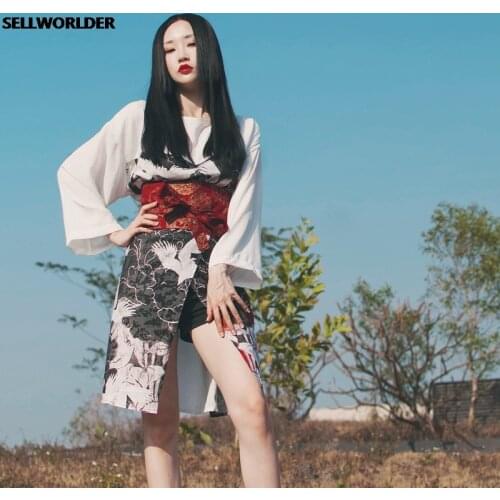 2021 Woman Japanese Kimono Style crane Dancing in the dark Patchwork Dress Slit Long Sleeves dress