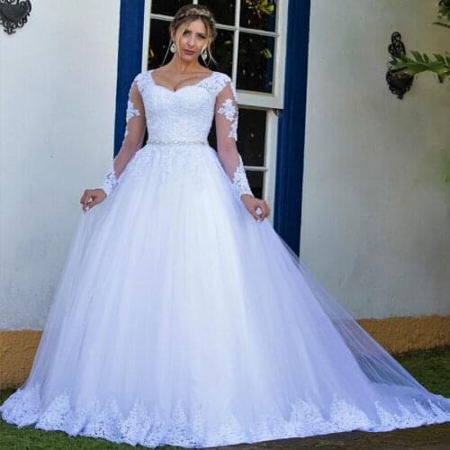 V-Neck White Lace Applique Long Sleeves Beading Belt Wedding Dress Plus Size Elegant Bridal Gowns Vestido De Noiva