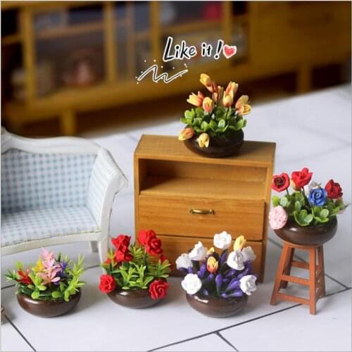 HOT SALE 1/12 Dollhouse Miniature Multicolor Flower Bush With Wood Pot (Color: Multicolor)