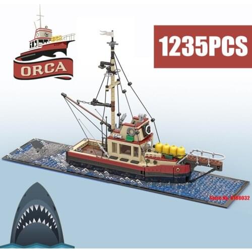 New 1235PCS Movie Jaws The Orca Ship Fishing Boat Model Building Blocks City Vessel Bricks Toy Children Xmas Gift