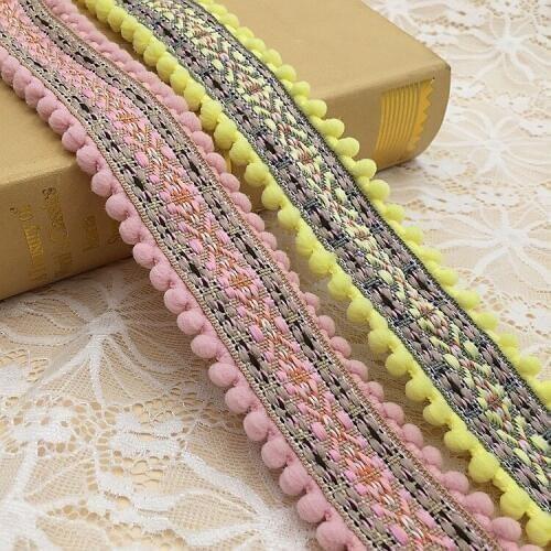 2Yards Bohemian Jacquard Lace Ribbon Ethnic Embroidery Lace Trim Pink Bubble Ball Pompom Beads Pendant Collars Accessories