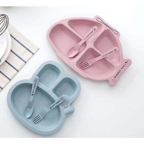 3Pcs/Set Baby Bowl Spoon Fork Feeding Food Dinnerware Cartoon Wheat Straw Kids Dishes Plate Baby Eating Training Tableware