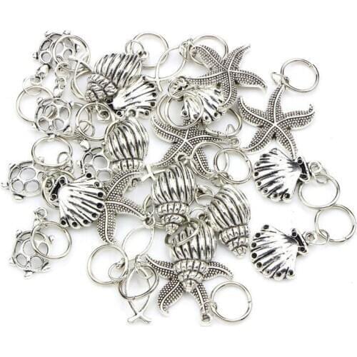 50Pcs/set Hair Braid Dread Dreadlock Beads Clips Cuffs Silver Color Personality Hairpin Star Shell Shape Jewelry DIY Accessories