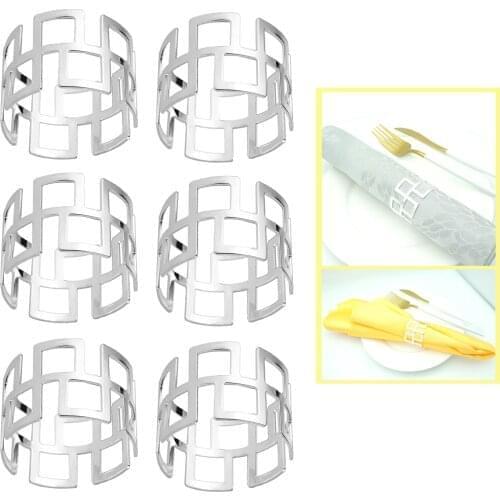 6pcs/set Silver Napkin Rings Hollow Grid Pattern Round Open Serviette Holder Buckle Metal Table Decor Wedding Party Bar Hotel