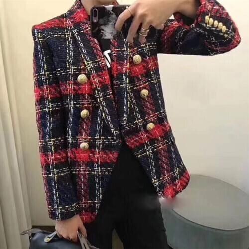 2021 Euramerican New Fashion Popular Line And Plaid Knitting Weaving Full Sleeve Polyester Double Breasted High Quality Blazers