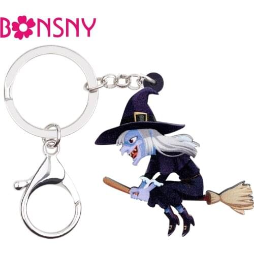 Bonsny Acrylic Halloween Anime Smile Witch Key Chains Keychain Rings Cartoon Jewelry For Women Girls Ladies Car Bag Purse Charms